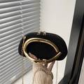 Elegant black suede oval evening bag with luxury gold ring handle and chain strap - Black