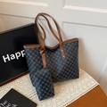 Grand sac cabas bleu marine à motif floral géométrique avec anses en cuir marron - Noir