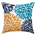 Housse de coussin en lin carrée avec imprimé floral minimaliste bleu et jaune sur blanc - Feuilles Radiales Géométriques Colorées (23YM91-2)