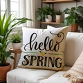 Λινό μαξιλάρι καναπέ με λουλουδάτο σχέδιο Hello Spring σε λευκό φόντο στο σαλόνι - Στυλ Σλόγκαν Hello Spring (SPP011-2) / Εκτύπωση Μονής Όψης Χωρίς Πυρήνα / 45x45 cm