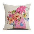 Funda de cojín primaveral con gnomo y flores de acuarela sobre tejido de lino - Estilo Gnomo con Sombrero Rosa Sosteniendo Ramo (22YM41-1)