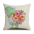 Funda de cojín de Pascua con gnomo y flores en tejido de lino natural - Estilo Gnomo de Pascua con Sombrero de Orejas de Conejo Azul (22YM41-2)