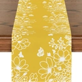 Gele tafelloper met witte bloemen en vlinders patronen in linnen textuur - 33*180cm / Heldergeel (ZQ19-2)