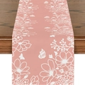 Koraalroze linnen tafelloper met elegante witte bloemen- en vlinderpatronen voor de tafel - 33*180cm / Oudroze (ZQ19-3)