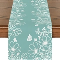 Muntgroene linnen tafelloper met witte bloemmotieven en vlinders op een houten tafel - 33*180cm / Hemelsblauw (ZQ19-4)