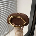 Brown suede round box evening bag with large gold metal handle and chain strap - Brown