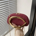 Elegant burgundy suede half-moon clutch bag with stylish irregular gold handle and chain strap - Red