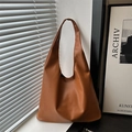 Minimalist brown PU leather hobo tote bag with large capacity for office commuting style - Brown