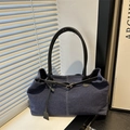 Retro deep blue denim tote bag with black leather straps and metal buckle decoration - Dark Blue