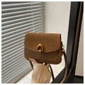 Retro caramel brown crossbody bag with suede拼接 and golden arch metal buckle detail - Brown
