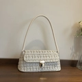 Borsa a tracolla in tweed a quadri beige con catena dorata e chiusura in metallo - Bianco Sporco
