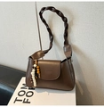 Deep brown crescent shoulder bag with woven handle and colorful wooden beads - With Pendant / Brown