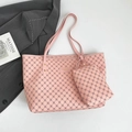 Sac fourre-tout rose avec motif trèfle et pochette assortie en cuir PU souple - Rose