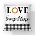 Short plush square throw pillow cover featuring LOVE floral wreath and plaid patterns - LOVE Letter Wreath Buffalo Check (#4)
