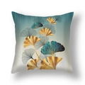 Short plush ginkgo leaf cushion cover in teal and cream white with golden leaf pattern - Teal White Gradient Gold Ginkgo (22SX35-8)