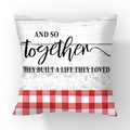 Short plush square pillowcase with rustic wood texture and love quote print - Built a life together Letter Red White Gingham (#7)