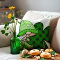 St. Patrick's Day cushion cover featuring a gnome holding a green clover on a soft sofa - Gnome Holding Checkerboard Shamrock Style (22YM51-1)