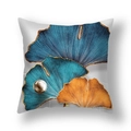 Short plush ginkgo leaf pillowcase with gold and blue print on white background - Three Blue Orange Gold Pearl Ginkgo (22SX35-13)