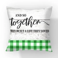 Short plush cushion cover with inspirational text and green gingham check pattern - Built a life together Letter Green White Gingham (#11)