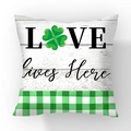 Saint Patrick's Day pillow cover with LOVE Lives Here text and green clover design - LOVE Shamrock Green White Gingham (#12)