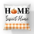 Short plush pillow cover with Home Sweet Home text and orange pumpkin pattern - HOME Pumpkin Orange White Gingham (#13)