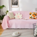 Funda de sofá rosa de algodón tipo gofre con flecos blancos decorativos - Tejido Gofre Rosa Blanco / 90x150cm
