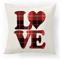 Housse de coussin en lin avec lettrage LOVE et cœur à carreaux rouge et noir - Style Lettre LOVE Assemblée en Plaid (22YM54-3)