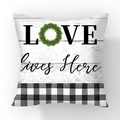 Square soft plush pillowcase with black LOVE print and rustic buffalo plaid bottom pattern - LOVE Wreath Buffalo Plaid Splicing (#18)