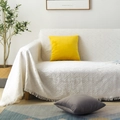 Funda de sofá de punto gofrado en algodón y lino blanco roto con flecos decorativos - Rombo Blanco / 90x150cm