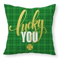 Green tartan St. Patrick's Day throw pillow cover with Lucky YOU gold clover print - Lucky YOU Plaid Design (22YM56-2)