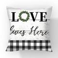 Soft plush pillow cover with LOVE lives Here print and festive wreath design - LOVE Christmas Wreath Buffalo Plaid (#24)