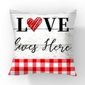 Square soft plush throw pillow cover with LOVE Lives Here print and red heart design - LOVE Red Heart Gingham Splicing (#28)