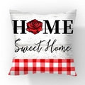 Soft short plush pillowcase with Home Sweet Home print and red rose flower design - HOME Rose Red White Gingham (#29)