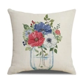 Detail eines Leinenkissenbezugs mit Aquarell-Blumenstrauß in einer blauen Glasvase - Blaue Glasvase Blumen Stil (23YM9-2)