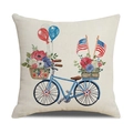 Detail eines Leinenkissenbezugs mit blauem Fahrrad, Blumen und US-Flaggen-Motiv - Blaues Fahrrad Blumenkorb Stil (23YM9-3)