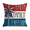 Macro detail of linen pillowcase with stars, bow, and Patriotic Faith Family Freedom text - Faith Family Freedom Three Color Blocks Style (23YM9-18)