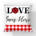 Short plush pillow case featuring LOVE lives Here text and red rose in gingham style - LOVE Rose Red White Gingham (#32)