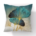 Fodera per cuscino moderna in peluche con motivo a foglie di ginkgo dorate su base verde acqua - Ginkgo Oro Crema Blu(21RC4-5)