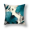 Housse de coussin carrée en peluche avec motifs floraux aquarelle sarcelle sur beige - Fleurs à l'Aquarelle Cyan Foncé(21RC4-34)