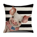 Linen decorative pillow cover with hand-painted cartoon pig wearing a US flag scarf - Stripes Base Patriotic Pig Style (23YM8-28)