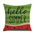 Detail of linen texture and Hello Summer watermelon print on a square pillow cover - Hello Summer Watermelon Patchwork Style (23YM15-6)