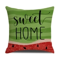 Close-up of linen pillowcase with sweet HOME text and summer watermelon print texture - Sweet Home Watermelon Patchwork Style (23YM15-7)