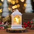 White Christmas lantern with snowman scene and warm LED light on wooden base decor - White - Snowman (Flat)