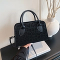 Black leopard print boston handbag with top handle and detachable strap for women - Black