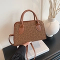 Retro brown leopard print handbag with plush texture and brown faux leather straps - Brown