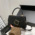 Zwarte crossbody tas met krokodillenstructuur flap en gouden geometrische gesp - Zwart