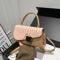 Khaki crossbody bag with pink crocodile texture flap and metal square buckle - Khaki