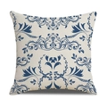 Square beige linen pillowcase featuring a vintage deep blue damask pattern print - Beige Blue Damask Style (23YM5-7)