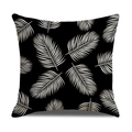 Square linen pillow cover with black background and tropical palm leaf print - Black Background White Leaf Style (23YM10-7)