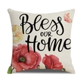 Funda de cojín de lino con amapolas rojas y texto Bless OUR Home en beige - Estilo Bless Our Home (23YM13-3)